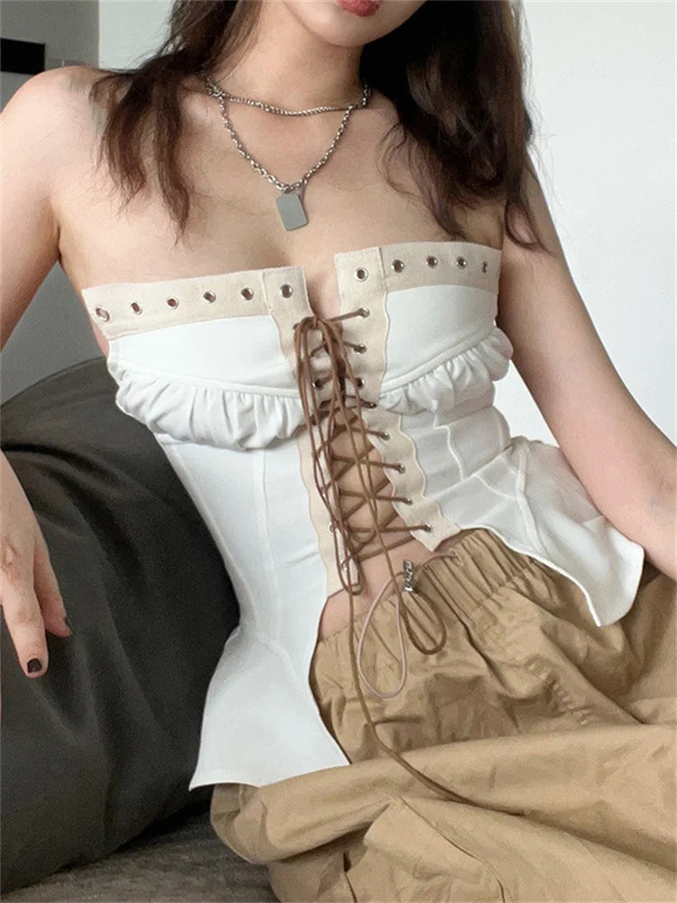 Y2K Strapless Off Shoulder Tube Cropped Summer Clubwear Front Hollow Out Criss-cross Tie-up for Women Vest Crop Top Main image