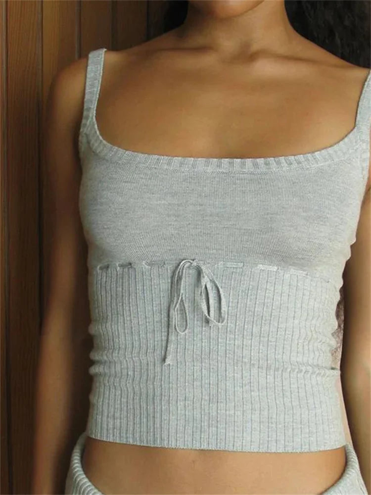 Y2K Vintage Backless Slim Fit Chic Bow Tie Up Knitted  Adjustable Strap Retro Vest Clubwear 2024 Crop Top Main image