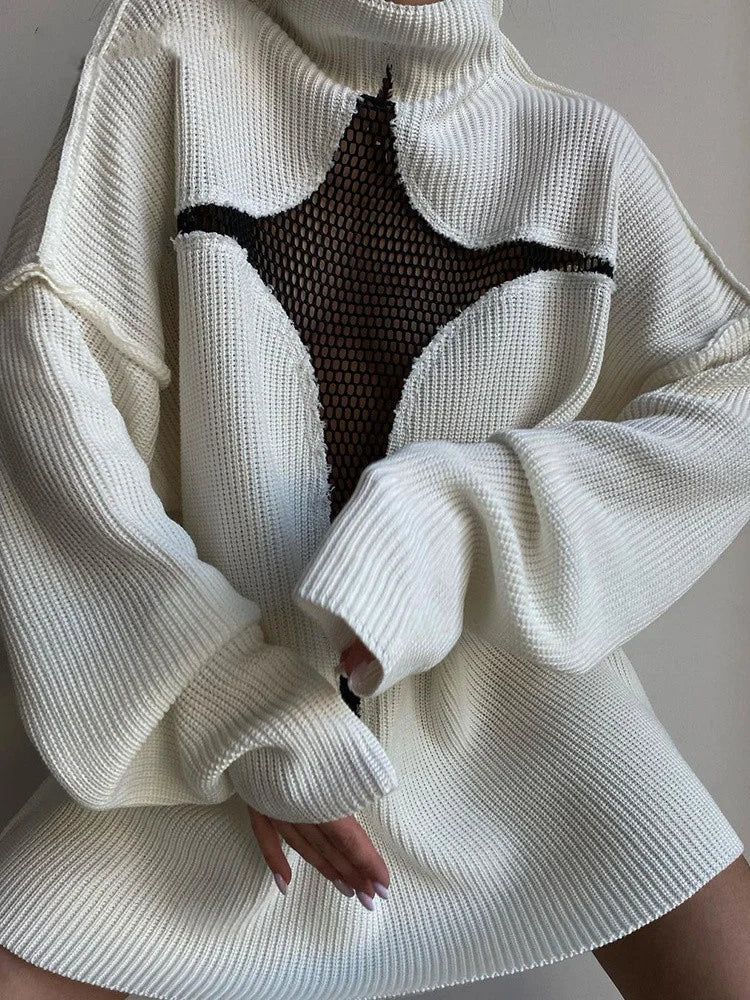 JuliaFashion - Y2K Spring Autumn Hollow Out Knitwear Mesh Patchwork Long Sleeve High Neck Ribbed Knitted Pullovers Sweater Secondary image