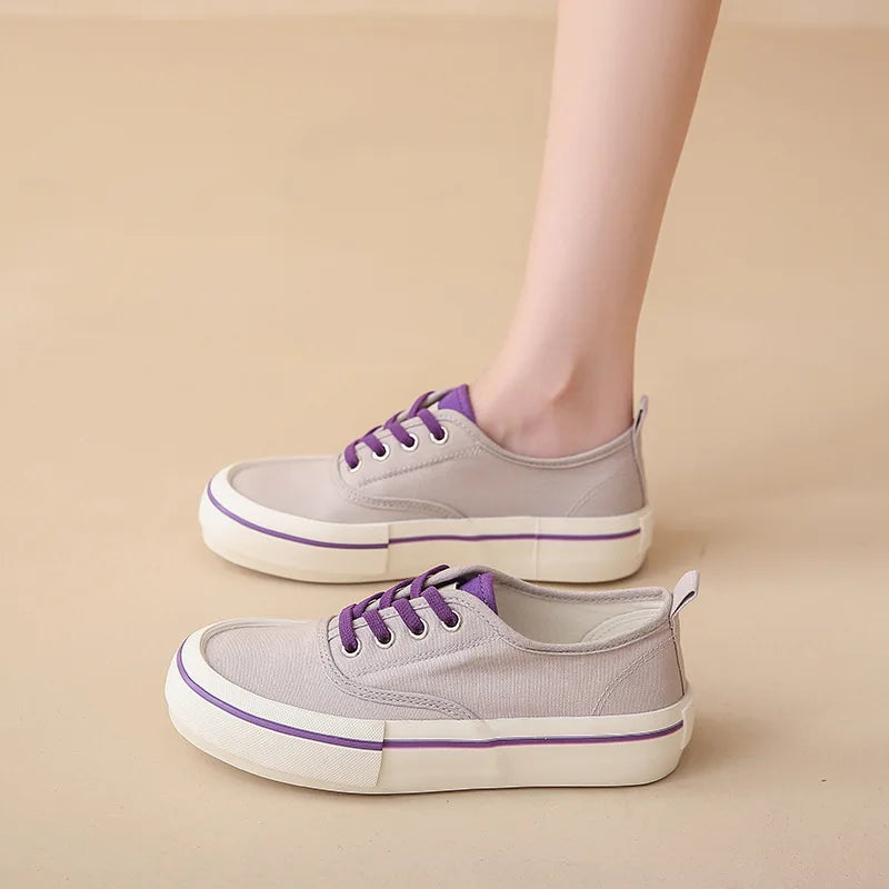 Canvas Lace Up Shallow Casual Shoes Round Toe SSolid Color Comfort Runner Outsole Sweet Novelit Shoes For Women Concise Fashion Secondary image