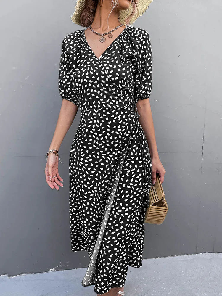 Casual Chiffon Side Wrap Polka Dot Puff A-line Split Midi Dresses Main image