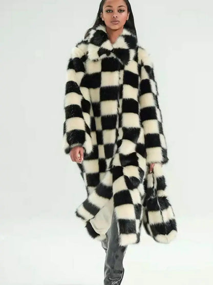 Checkerboard Plaid Faux Thick Warm Winter Plush Artificial Fake Coat