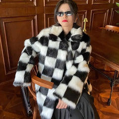 Checkerboard Plaid Faux Thick Warm Winter Plush Artificial Fake Coat