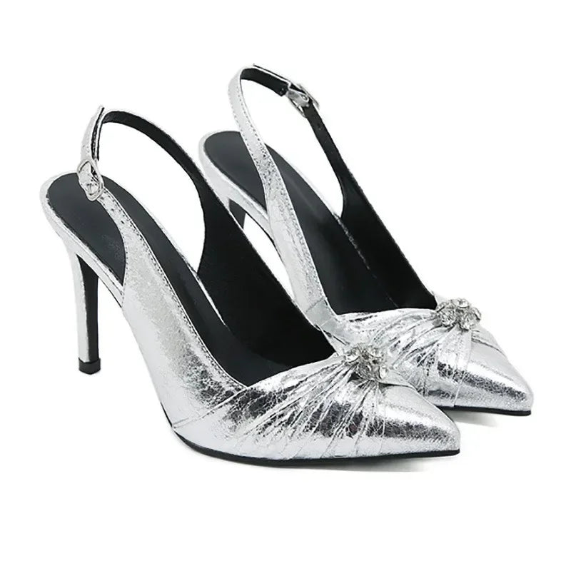 Fashionable Pointed Toe Pleated Leather Rhinestone Decorative Buckle Slingback High Heel