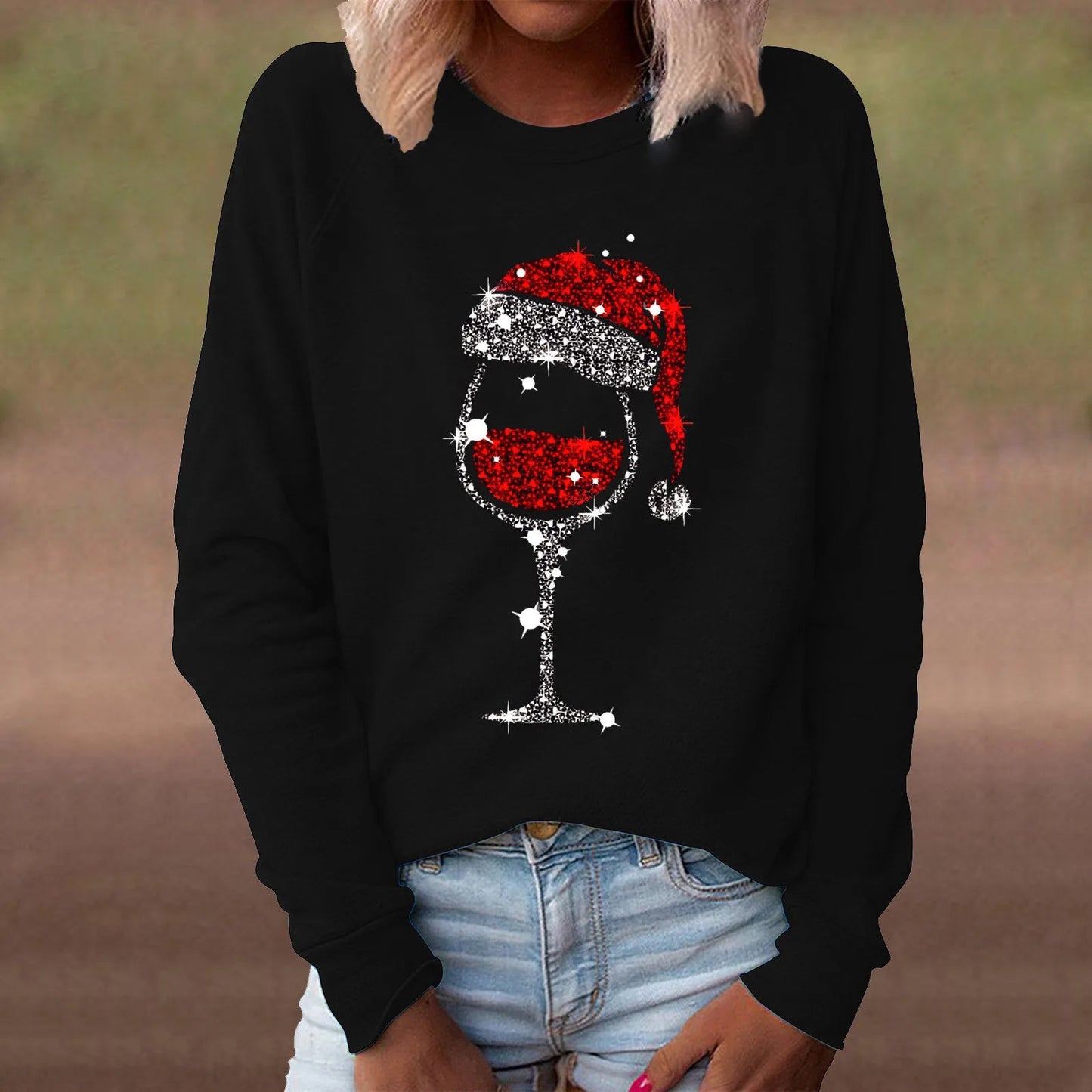 Red Wine Casual Round Neck Long Sleeve Christmas Hoodie