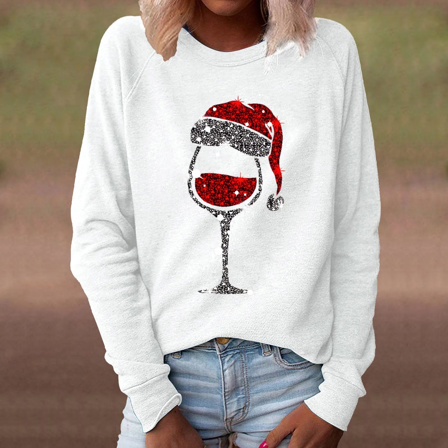 Red Wine Casual Round Neck Long Sleeve Christmas Hoodie