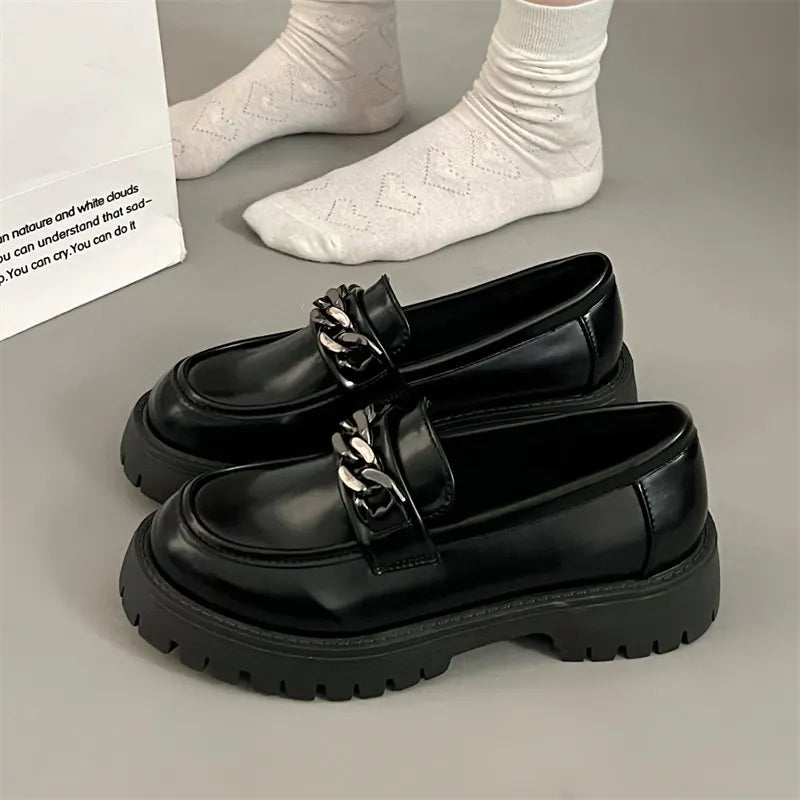 Metal Chain Round Toe Retro Uniform Low Heel Platform Casual Black Pumps Loafers