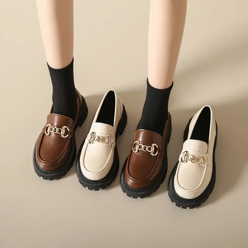 Chunky Cow Leather Round Toe Metal Chain Platform Slip On Handmade Loafers Main image
