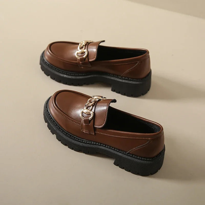 Chunky Cow Leather Round Toe Metal Chain Platform Slip On Handmade Loafers Secondary image