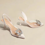 Classic Square Rhinestone Summer  Pointed Slingback Simple Elegant Low Heel Pumps