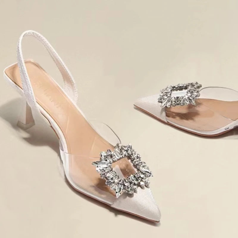 Classic Square Rhinestone Summer  Pointed Slingback Simple Elegant Low Heel Pumps
