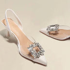 Classic Square Rhinestone Summer  Pointed Slingback Simple Elegant Low Heel Pumps