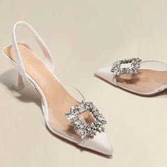 Classic Square Rhinestone Summer  Pointed Slingback Simple Elegant Low Heel Pumps