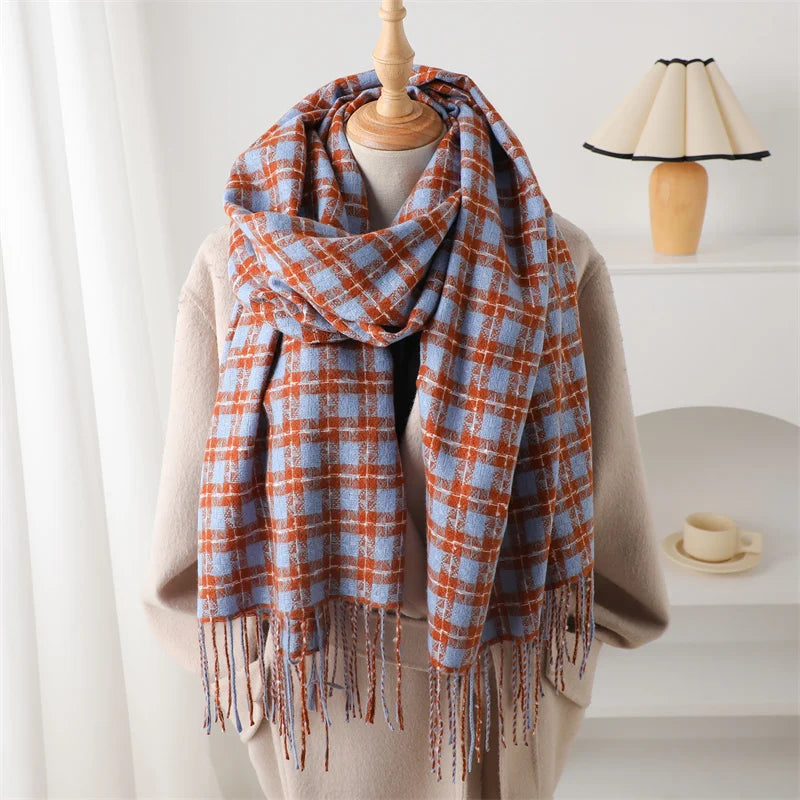 Pashmina Tassel Plaid Cashmere-Like Warm Shawl Scarf