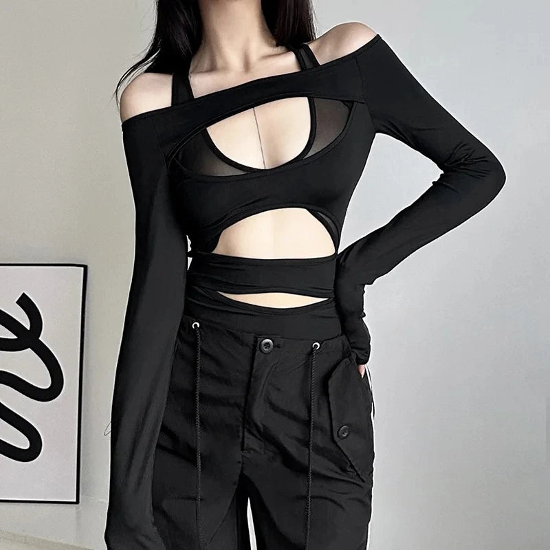 Cyber Punk Hollow Out  Mall Gothic Bodycon Mesh Sheer Patchwork Crop Top Main image