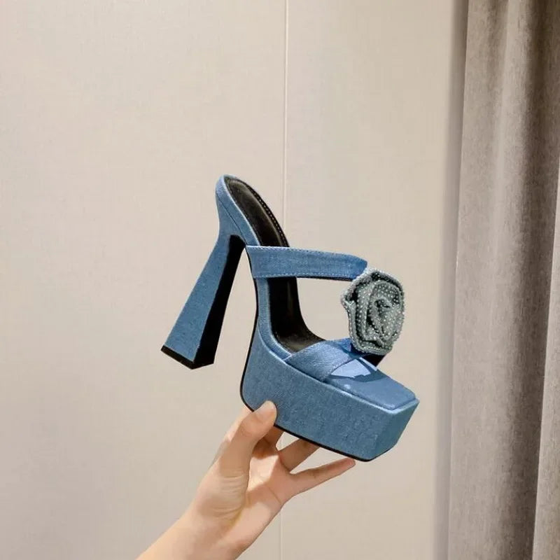 Denim Blue Crystal Flower Design Peep Toe Platform Slippers Thick High Heel High Heel Secondary image
