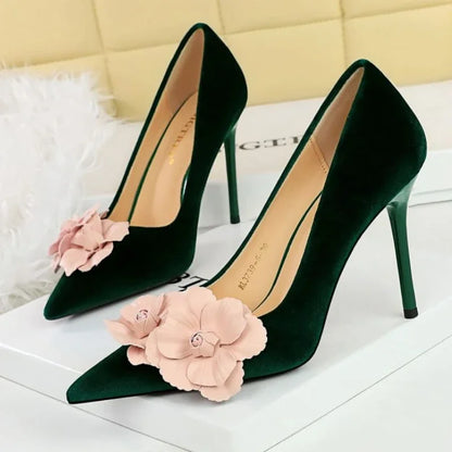 Designer Flower Pointed Toe Elegant Party Flannel Autumn High Heel