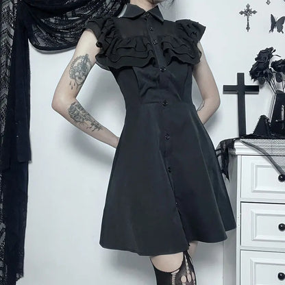 Gothic Ruffled Lower Back Mesh Yarn Hottie A-line Small Black Pleated Gothic Dress