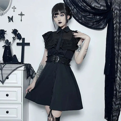 Gothic Ruffled Lower Back Mesh Yarn Hottie A-line Small Black Pleated Gothic Dress