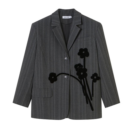 Black Striped Splice Flower New Lapel Long Loose Fit Fashion Tide Spring Blazer