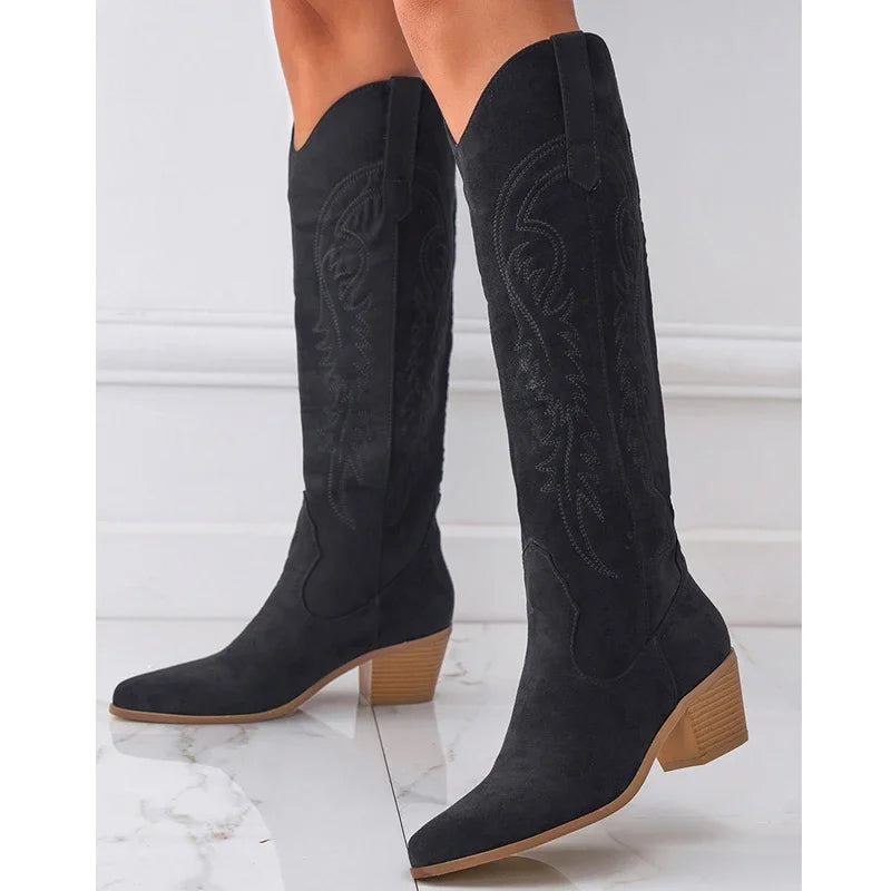 Retro Pointed Toe Spring Autumn Fashion Embroidery Square Heels Party Dress Knee High Boots Main image