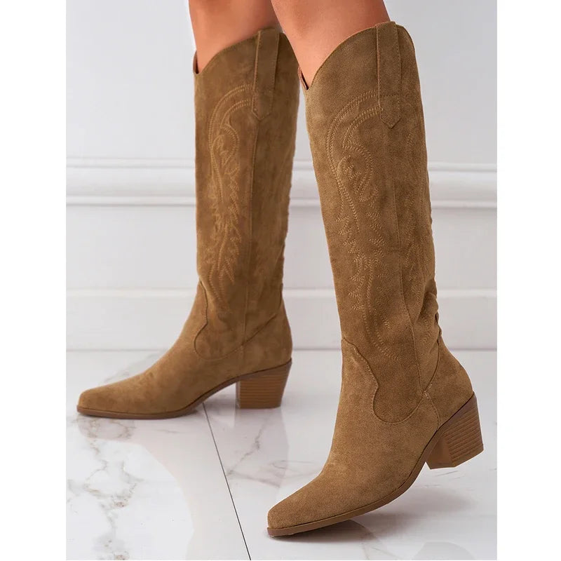 Retro Pointed Toe Spring Autumn Fashion Embroidery Square Heels Party Dress Knee High Boots Secondary image