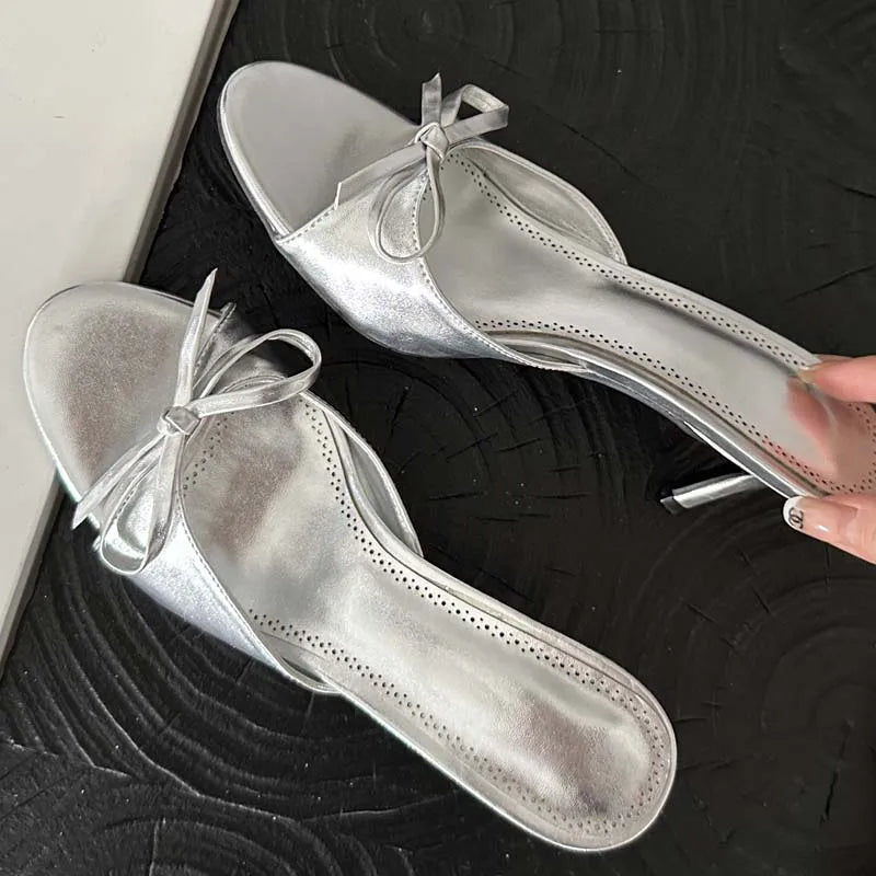 2024 New Arrivals Summer Pink Butterfly-knot Women Slippers Elegant Stripper Thin Mules Slides Shoes Low Heel Pumps Main image