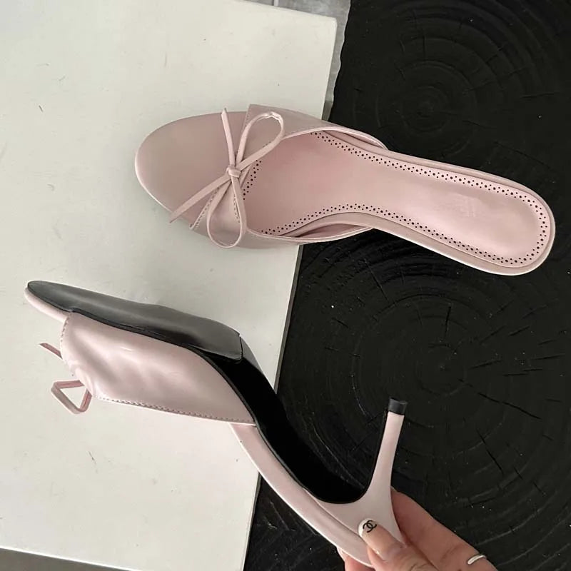 2024 New Arrivals Summer Pink Butterfly-knot Women Slippers Elegant Stripper Thin Mules Slides Shoes Low Heel Pumps Secondary image