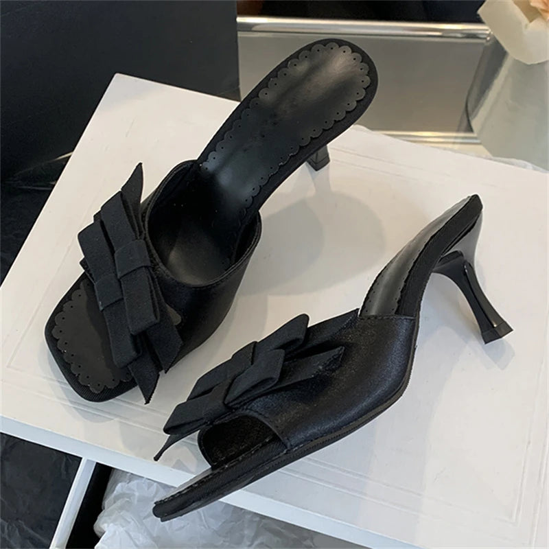 2024 New Arrivals Women Slipper Fashion Bow-knot Thin Open Toe Slip On Elegant Sandal Mules Slides Shoes Low Heel Pumps Secondary image