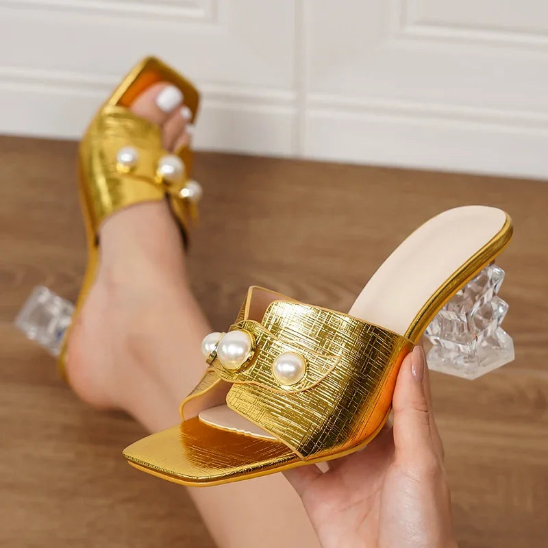 2024 New Design Pearl Transparent Highs Square Toe Women Slippers Summer Slides Shoes Low Heel Pumps Main image