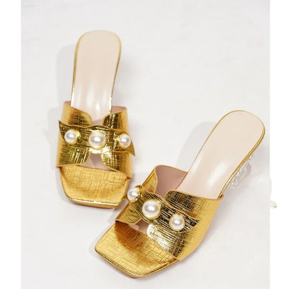 2024 New Design Pearl Transparent Highs Square Toe Women Slippers Summer Slides Shoes Low Heel Pumps