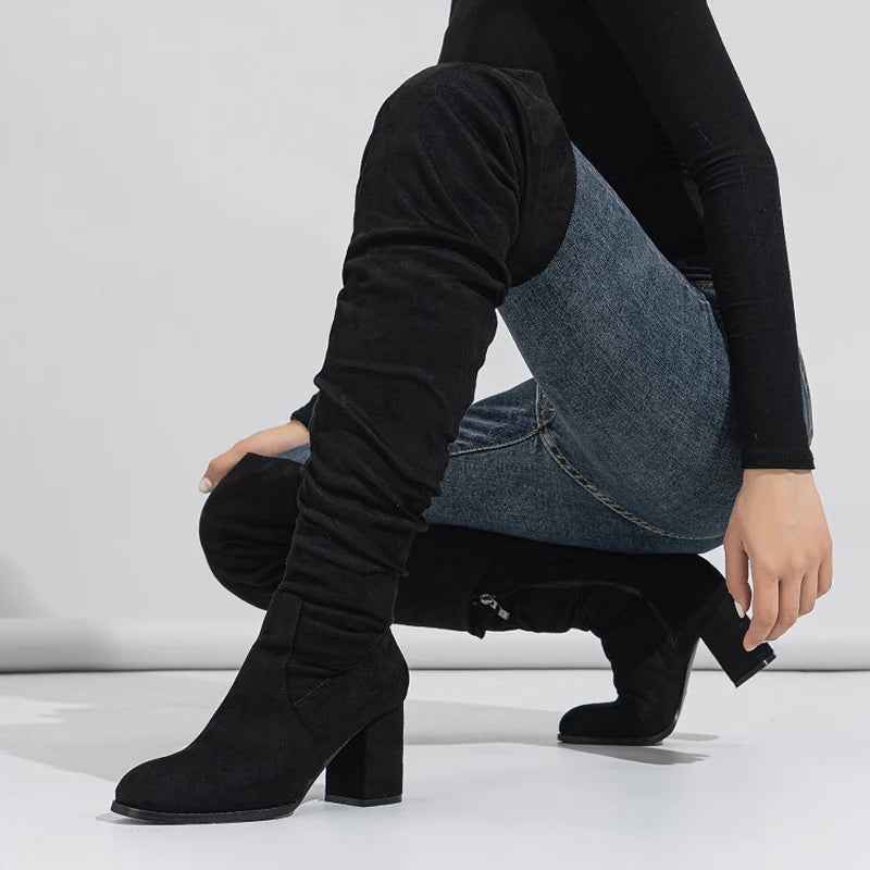2024 Winter Zipper Flock Square Heel Thigh Long Botas De Mujer Knee High Boots Main image