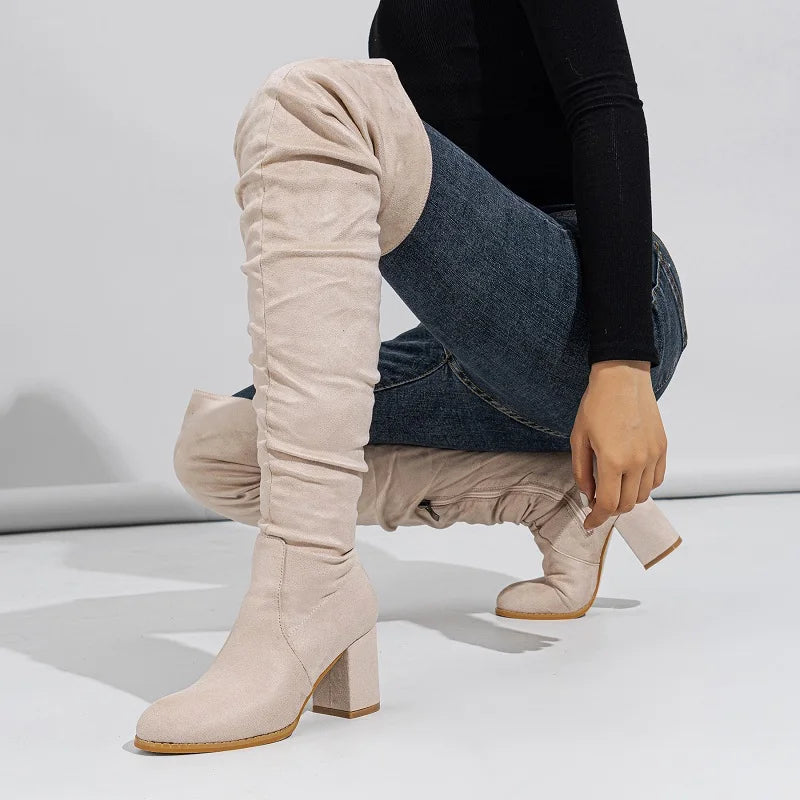 2024 Winter Zipper Flock Square Heel Thigh Long Botas De Mujer Knee High Boots Secondary image