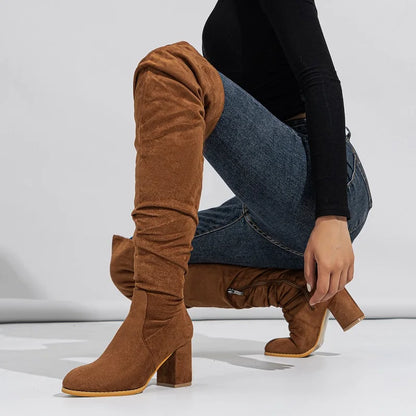 2024 Winter Zipper Flock Square Heel Thigh Long Botas De Mujer Knee High Boots