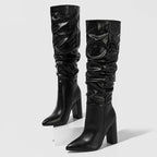2024 Spring Fashion Pleated Chunky Heels  Slip On Pointed Toe Knee High Boots
