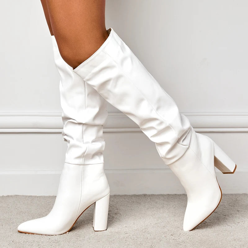 2024 Spring Fashion Pleated Chunky Heels Sexy Slip On Pointed Toe Knee High Boots