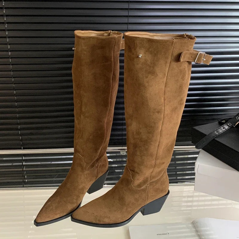 2024 Winter Belt Buckle Pointed Toe Vintage Square Low Heels Knee High Boots Main image