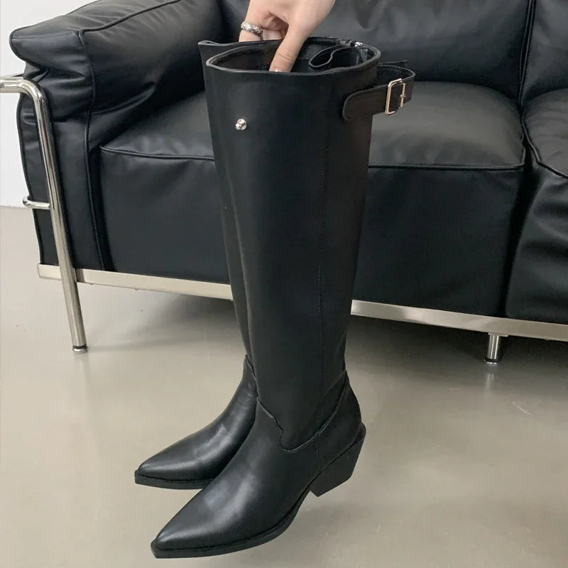 2024 Winter Belt Buckle Pointed Toe Vintage Square Low Heels Knee High Boots Secondary image