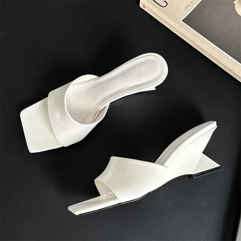 New Design Concise Wedges Highs Slippers Square Toe Party Dress Slides Summer Shoes Low Heel Pumps Main image