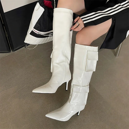 2024 New Winter Sexy Pointed Toe Thin Heels Stripper Largas De Mujer Knee High Boots