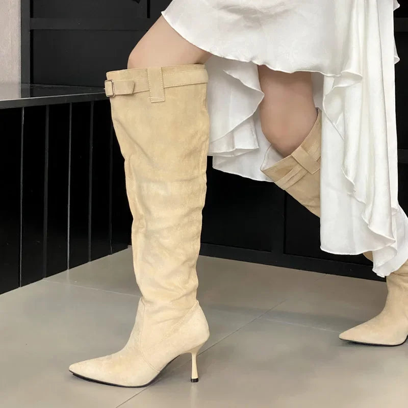 2024 Winter Buckle Strap  Pointed Toe Thin Heels Thigh Long Knee High Boots Main image