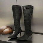2024 Winter Buckle Strap  Pointed Toe Thin Heels Thigh Long Knee High Boots
