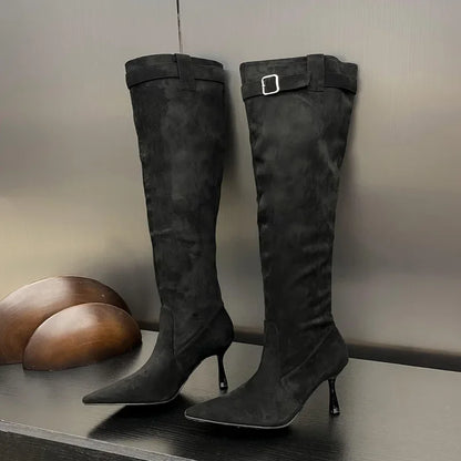 2024 Winter Buckle Strap Sexy Pointed Toe Thin Heels Thigh Long Knee High Boots