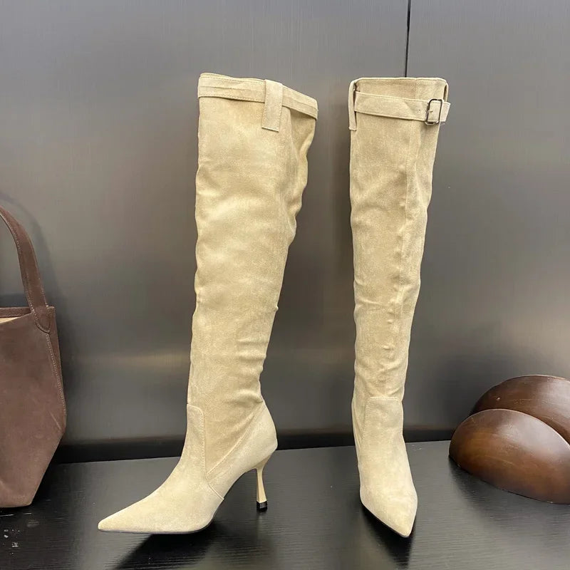 2024 Winter Buckle Strap  Pointed Toe Thin Heels Thigh Long Knee High Boots Secondary image