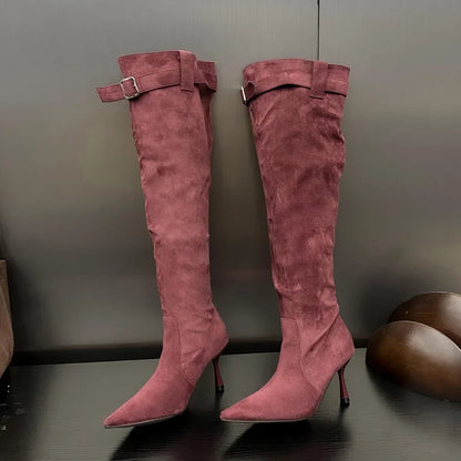 2024 Winter Buckle Strap Sexy Pointed Toe Thin Heels Thigh Long Knee High Boots