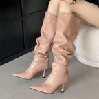 2024 Winter  Pleated Designer Pointed Toe Long Thin Heels Knee High Boots