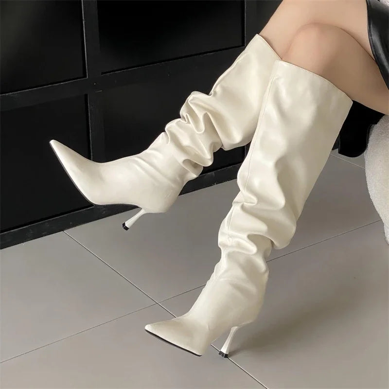 2024 Winter  Pleated Designer Pointed Toe Long Thin Heels Knee High Boots Secondary image