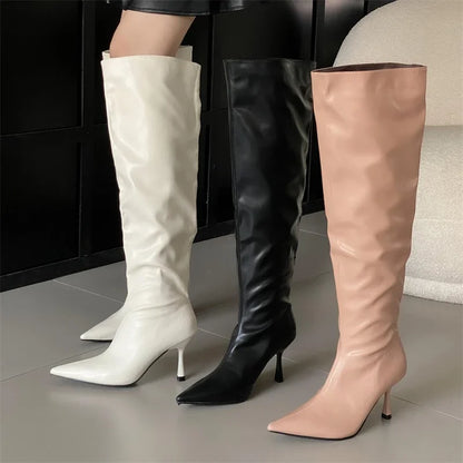 2024 Winter Sexy Pleated Designer Pointed Toe Long Thin Heels Knee High Boots