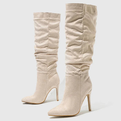 Autumn Winter Fashion Pleated Pointed Toe Modern Long Thin Heels Knee High Boots