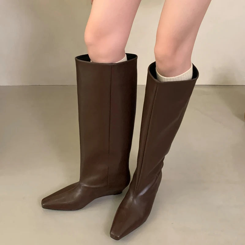 Autumn Winter Soft Leather Cosy Pointed Toe Wedges Heels Long Knee High Boots Secondary image